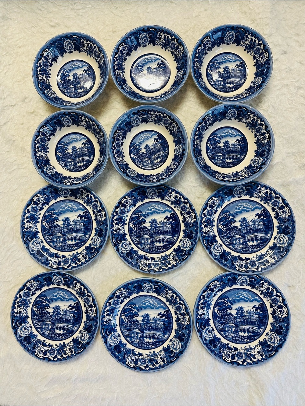 Blue and White Porcelain Scenic Salad Plates - Set of 12 ( 7’ and 8’)